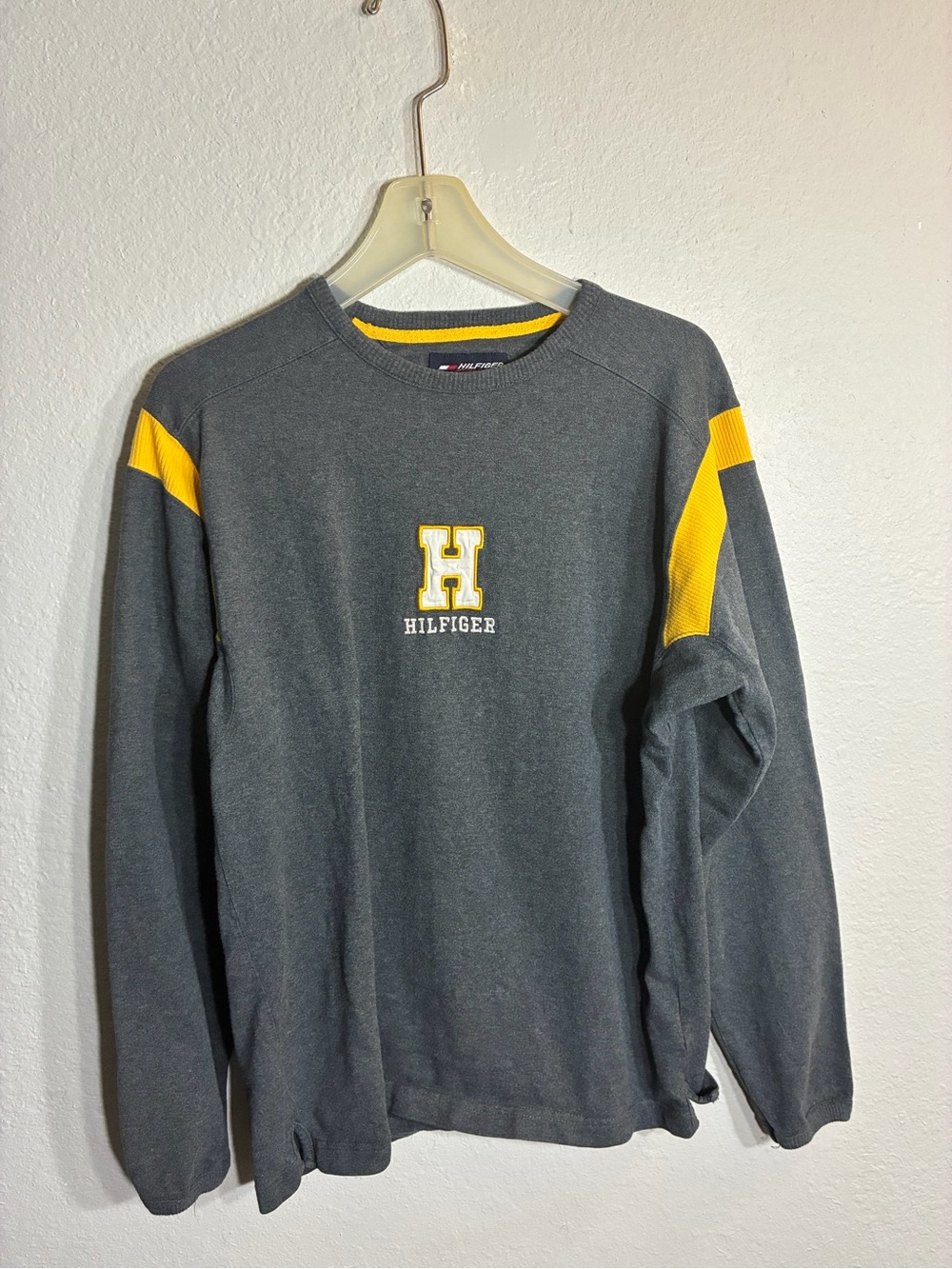 Tommy Hilfiger Gray Crewneck Sweater with Yellow Shoulder Panels